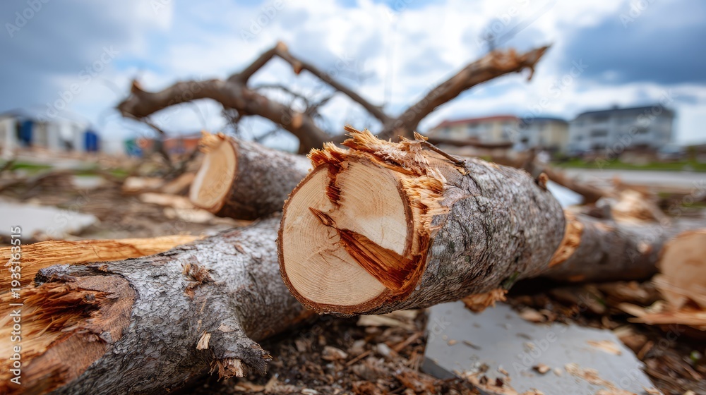 Fototapeta premium Logs on Ground with Cut Ends, Fallen Branches in Background, Cloudy Sky over Urban Area, Nature vs Urban Development, Freshly Cut Wood for Landscaping, Spring Time Atmosphere