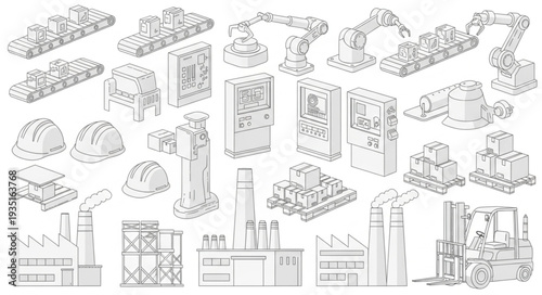 Collection of industrial building elements and construction equipment illustrations.
