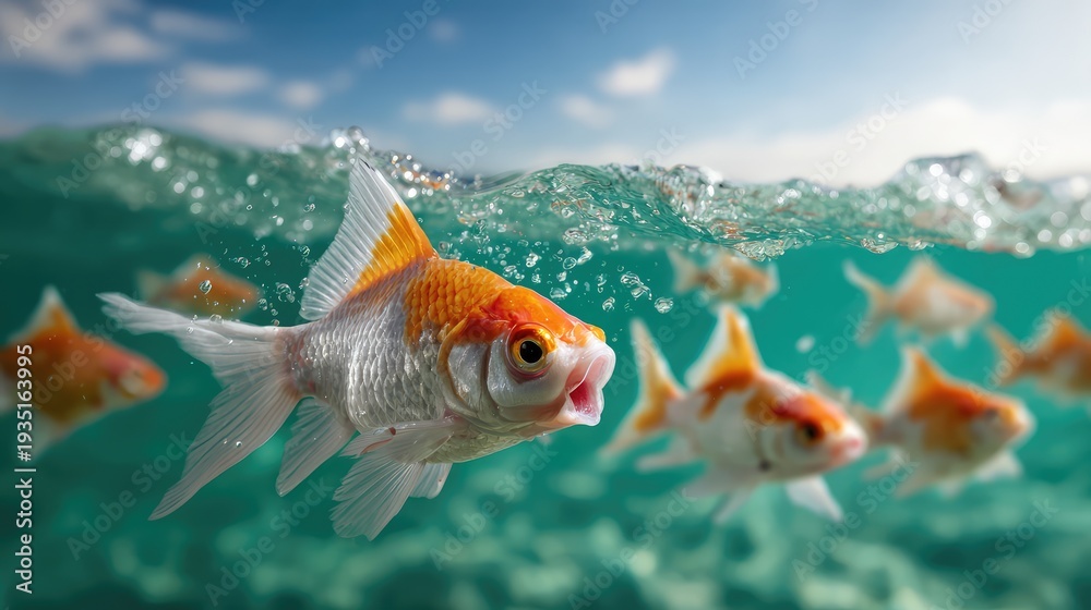 Obraz premium Underwater Scene Featuring Vibrant Goldfish Swimming Gracefully in Clear Aquatic Environment with Sunlight Filtered Through Water Surface