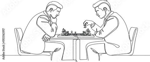 Continuous one line drawing of two men playing chess game for business strategy and competition concept in minimalist style