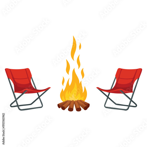 Campfire and camping chairs summer portable outdoor furniture for traveling, climbing hiking trakking sport adventure tourism travel backpacking vector illustration