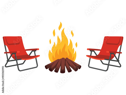 Camping chairs and campfire summer outdoor furniture for traveling climbing hiking trakking sport adventure tourism travel backpacking vector illustration