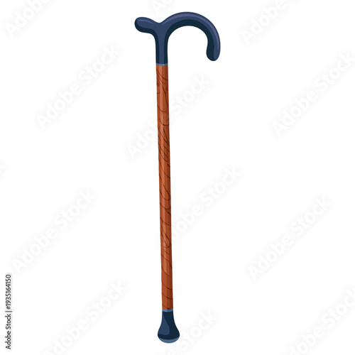 Cane for elderly old aged and disabled person, walking cane wooden stick on white background mobility aid illustration