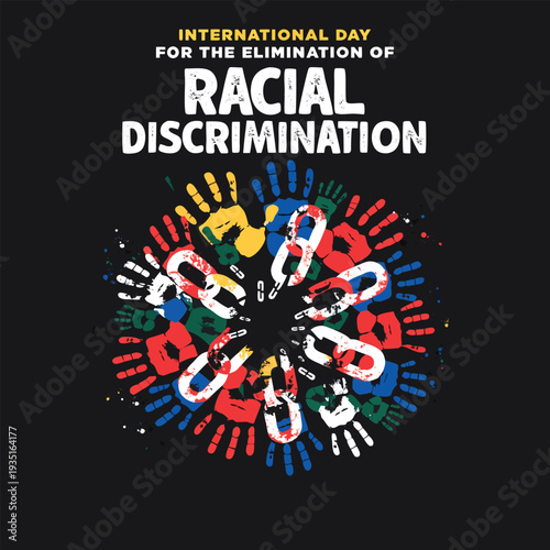 International day for elimination of racial discrimination circular emblem with handprints forming a ring around broken metal chains concept