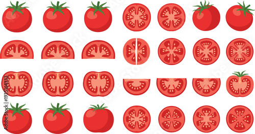 Tomato Collection with Whole Tomatoes Halves and Slices Fresh Vegetable Ingredient Isolated Flat Food Vector Illustration Set