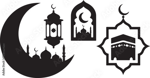 ramadan kareem eid al fitr mosque lantern crescent moon islamic symbols  religious holiday icons