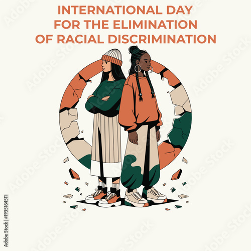 International day for the elimination of racial discrimination, two diverse women standing back to back against a broken circle background