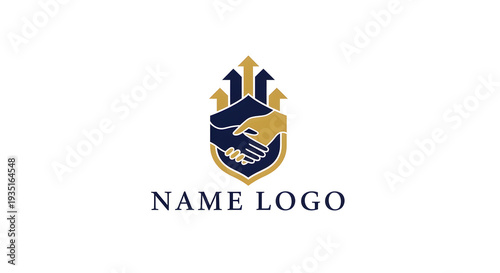 A professional business logo template showcasing a secure handshake within a protective shield, symbolizing strong partnership, financial growth, and upward success for corporate branding