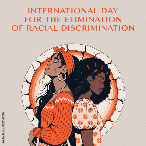 International day for the elimination of racial discrimination, two diverse women embracing back to back, symbolizing unity against prejudice