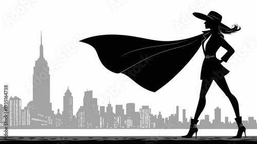 Empowered woman in superhero pose with city skyline background