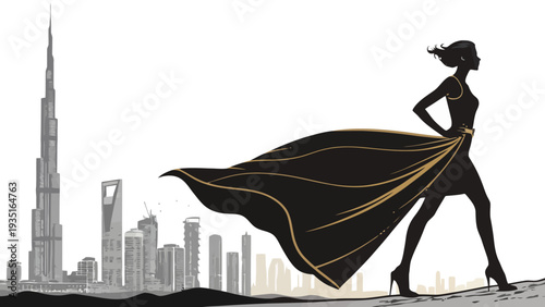 Confident woman in superhero pose with city skyline background