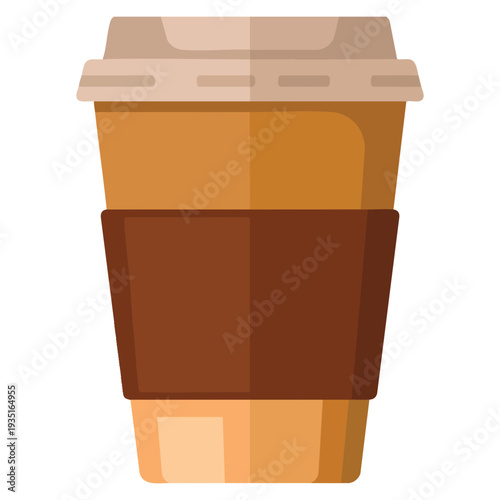 Cartoon disposable cardboard coffee cup featuring brown protective sleeve, ideal for takeaway beverages, cafe menu and coffee shop marketing visuals