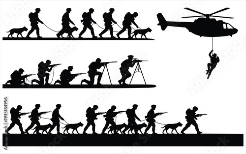 Military Special Forces Squad with Dogs and Helicopter Rappel Operations