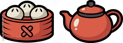 dim, sum, dumplings, bamboo, steamer, teapot, chinese, food, tea, traditional, asian, cuisine, restaurant, vector, icon, illustration, cooking, kitchen, culture, meal