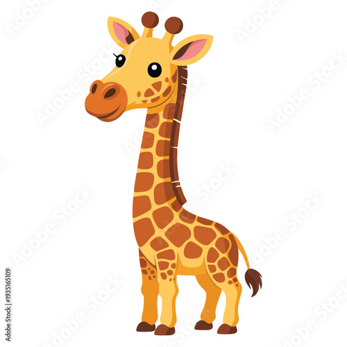 Cartoon giraffe standing tall on white backdrop creating a cheerful and playful mood, cute animal illustration perfect for kids themes