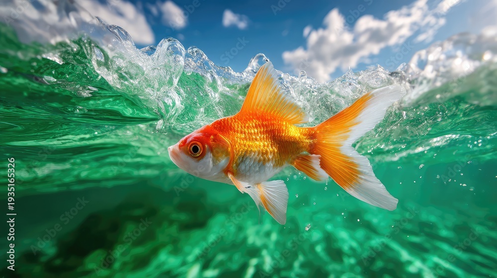 Obraz premium A vibrant goldfish gliding gracefully beneath the surface of crystal clear turquoise water, surrounded by lively bubbles and sunlight filtering through the ocean waves.