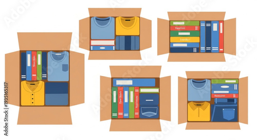 Organized Cardboard Boxes Filled With Clothes and Books.