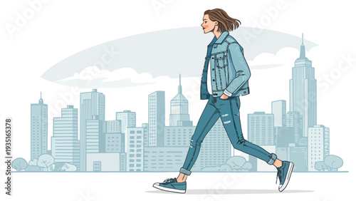 Young woman walking confidently through city streets in casual outfit