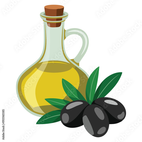 Cartoon olive oil bottle with olives isolated on white background, Greece symbol stock vector illustration ideal for cuisine and traditional product design