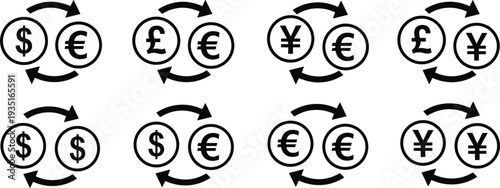 Global currency exchange icons set with dollar euro pound yen symbols circular arrows financial conversion vector illustration isolated