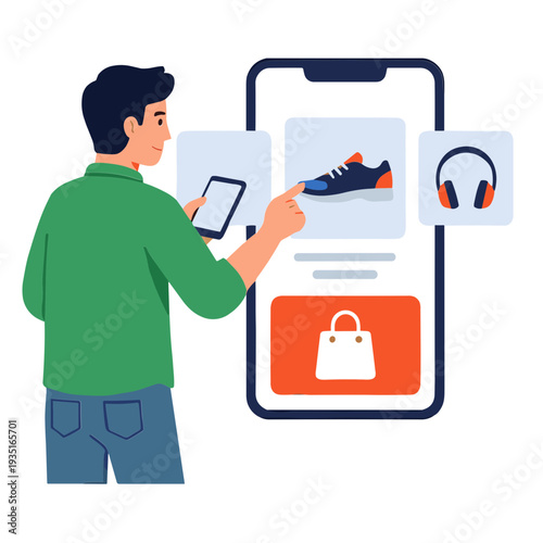Man interacts with a large smartphone showing product images of a shoe and headphones.