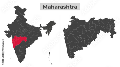 Maharashtra State Map with Districts & Location within India. Detailed Political Outline of Indian State Maharashtra for Geographic Projects.