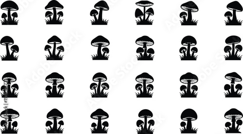 Silhouette illustration of twenty-five diverse mushroom groupings in grid layout, symbolizing fungi variety, morphology, education, nature, and botanical study.