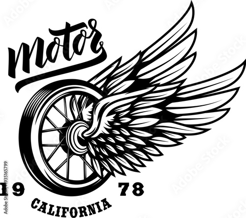 A vintage motorcycle emblem featuring a spoked wheel with dynamic spread wings and "Motor" script. This California-themed design from 1978 is perfect for biker apparel.