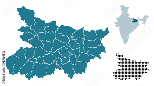 Bihar State Map with Districts, Highlighted on India Map and Dotted Representation