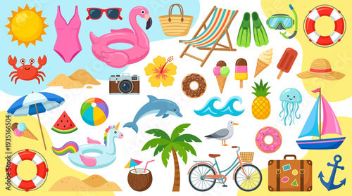 Summer Beach Vacation Icons Set - Flat Design Travel & Holiday Elements Collection