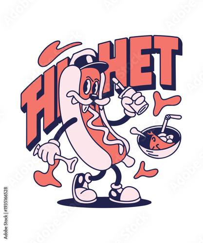 Retro Cartoon Hot Dog Character with Drink and Bowl of Food Vector Illustration