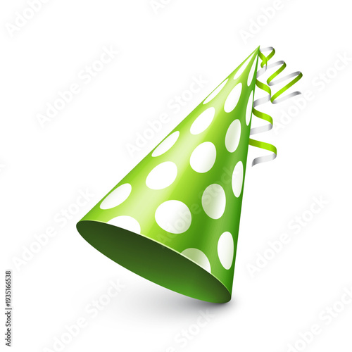 Party shiny hat with ribbon. Festive holiday decoration for celebration, birthday or carnival. Fun party accessor, greeting cards, posters, invitations, banner, design projects. Vector illustration