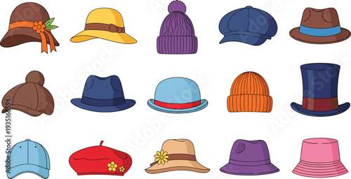 Stylish Hat Collection with Fedora Beanie Bucket Cap Beret and Top Hat Fashion Accessories Isolated Flat Vector Illustration Set