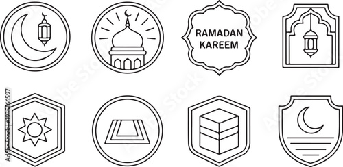 Ramadan Kareem icons set with mosque lantern crescent moon star and geometric shapes for Islamic holiday decorations and designs