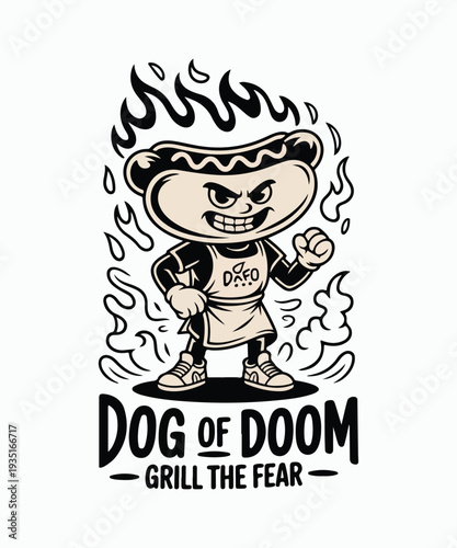 Dog of Doom Grill the Fear Hot Dog Mascot Cartoon Vector Illustration