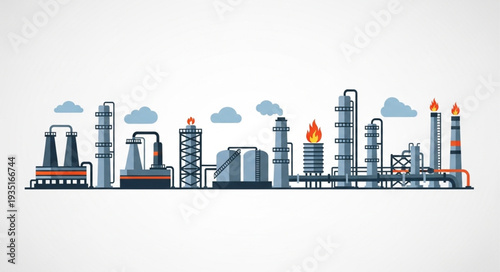 Industrial oil refinery complex with towers and pipes.