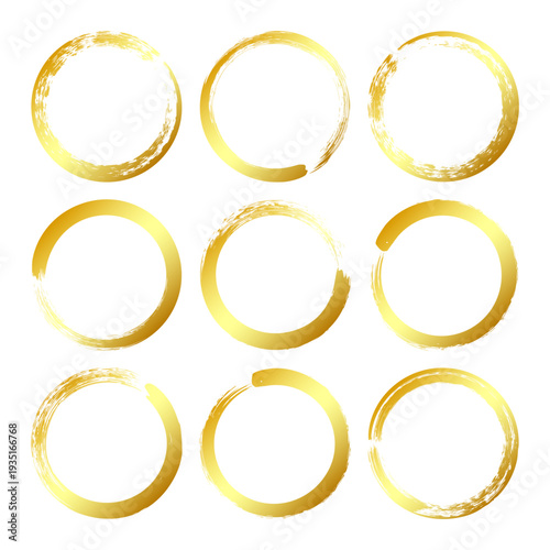 Golden grunge circles, brush strokes, lines, ink smudges, hand-drawn scribble shapes. Handmade sketchy marks, acrylic stains, charcoal streaks. Paint textures, dry brush effect. Vector illustration