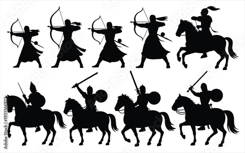 Horseback Warriors with Bows and Swords Silhouettes