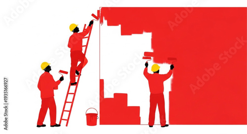 Painters Painting Red Wall Surface.