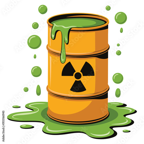 Cartoon toxic radioactive nuclear waste barrel with warning sign illustration for environmental danger theme