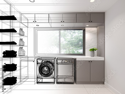 modern wasing room  interior design, 3d rendering