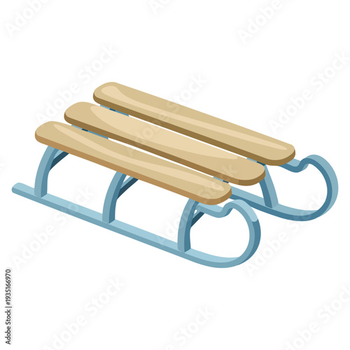Cartoon vector illustration of wooden sled with metal runners in clean flat style featuring simple structure and smooth lines for winter design