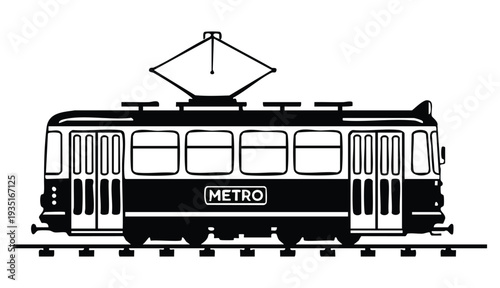 Vector art of a metro tram on railway tracks isolated on white background