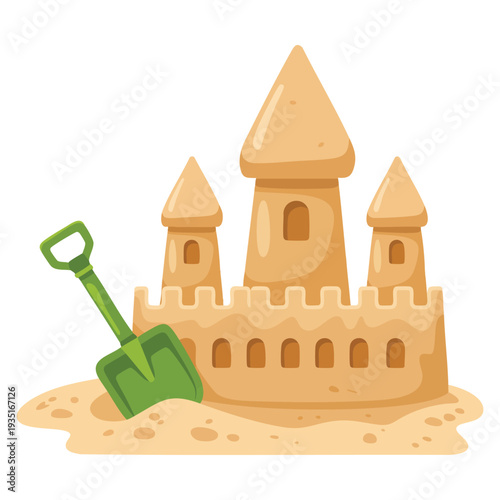 Cartoon vector sandcastle with towers and shovel in minimalist style featuring pointed turrets and spade placed in front for seaside themed designs