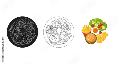 Collection of stylized flat icon designs illustrating a complete meal plate featuring a hamburger french fries salad vegetable snacks and dipping sauce variations