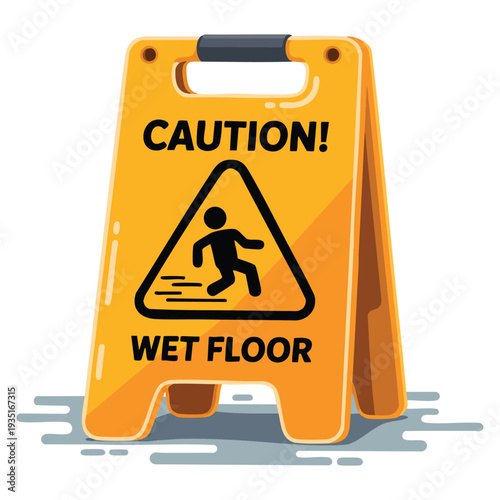 Caution wet floor sign board isolated on white background, safety symbol ideal for workplace, cleaning area and risk prevention visuals