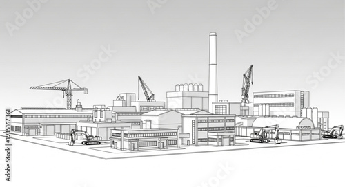 Industrial Factory Complex Sketch with Cranes and Smokestacks.