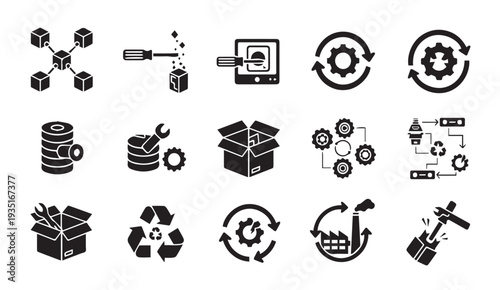 Collection of modern industrial and technology icons for business and manufacturing