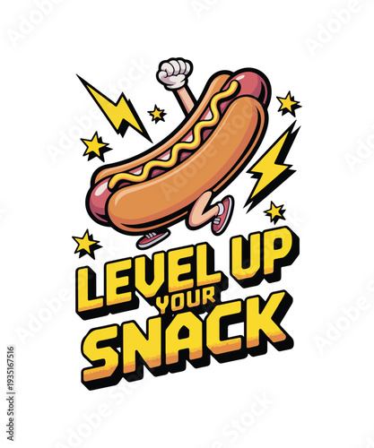 Funny Cartoon Hot Dog Character with Level Up Your Snack Text Vector Illustration