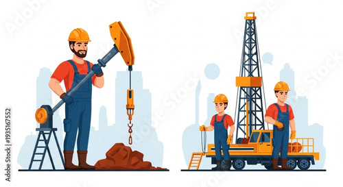 Oil rig workers operating drilling equipment and machinery.